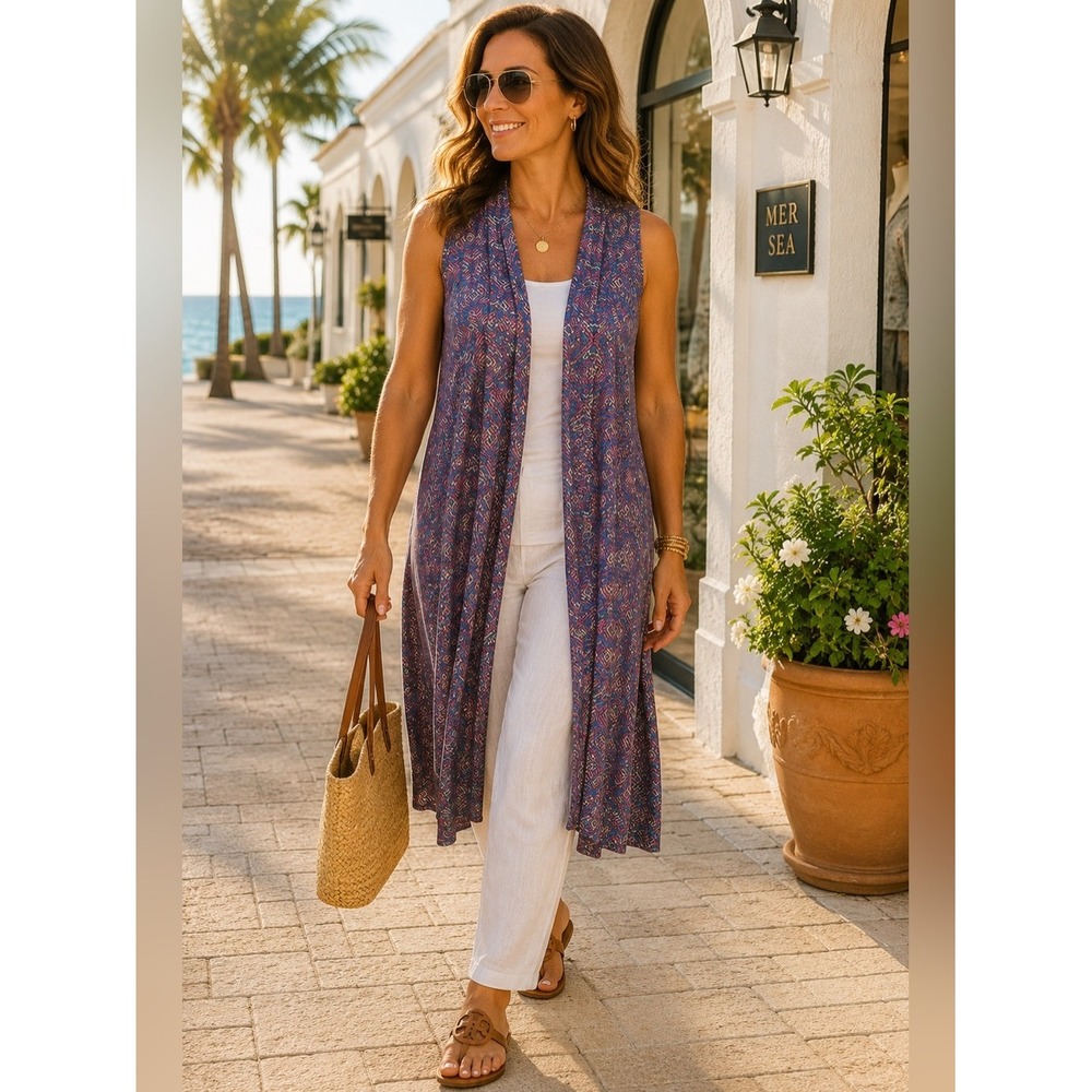 LuLaRoe Joy Duster‎ Vest Medium Long Open Front Geometric Maze Print NWT